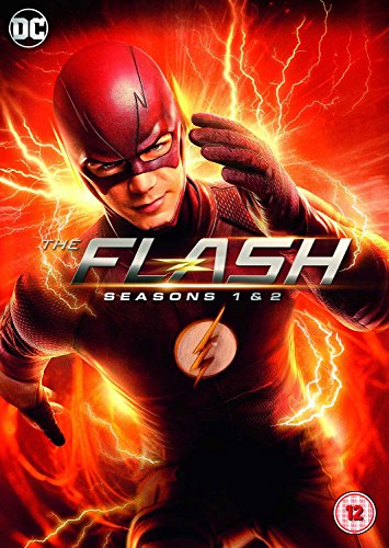 The Flash in his red suit surrounded by yellow lightning on a DVD cover.