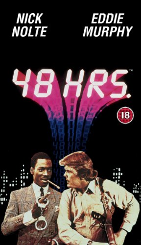 Movie poster for "48 Hrs." featuring Nick Nolte and Eddie Murphy handcuffed.