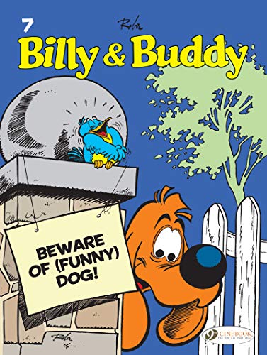 Cartoon book cover: orange dog, blue bird, and warning sign.