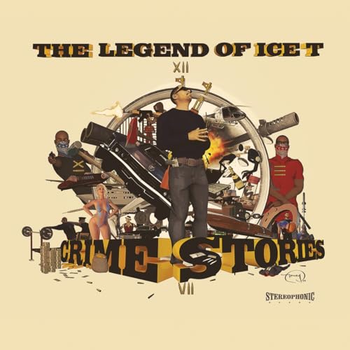 Album cover for Ice-T’s “The Legend of Ice T: Crime Stories” with figures and weapons.