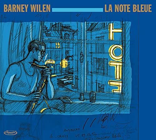 CD cover: Barney Wilen portrait with saxophone in a blue, sketched city scene.