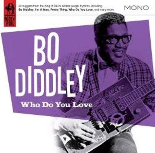 Bo Diddley wearing glasses and playing his signature rectangular guitar on a purple background.