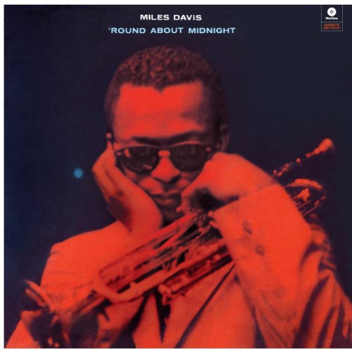Miles Davis album cover, “Round About Midnight”, featuring a portrait of Davis.