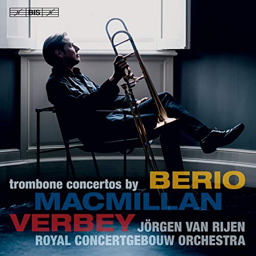 CD cover: Trombonist Jörgen van Rijen seated, with composers’ names.