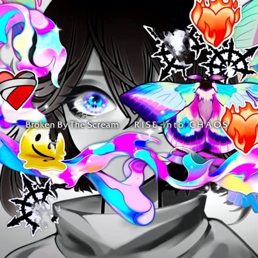 CD cover with a person's face, colorful abstract shapes, and moths.