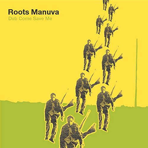 Yellow album cover for Roots Manuva’s “Dub Come Save Me” with repeating figures.