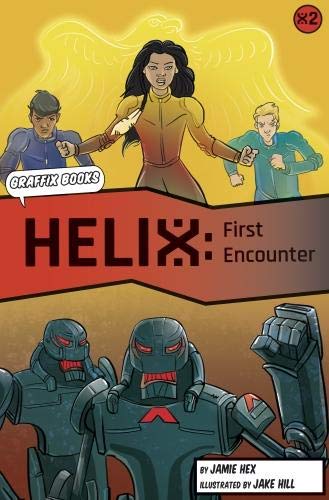 Book cover: girl with two boys fleeing robots, yellow background.