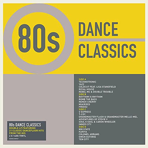 Yellow record sleeve for “80s Dance Classics” vinyl, listing artists.