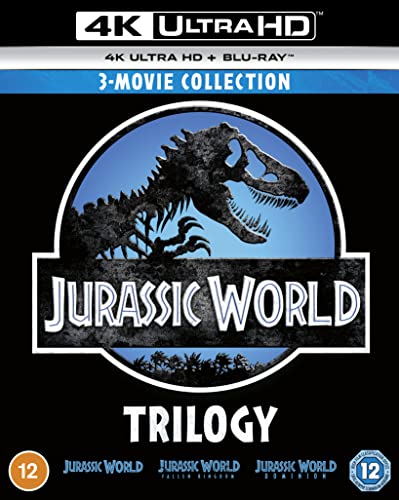 Jurassic World 3-film Blu-ray boxset with dinosaur skeleton logo.