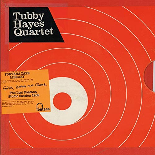 Red album cover with white spiral design and text: “Tubby Hayes Quartet.”