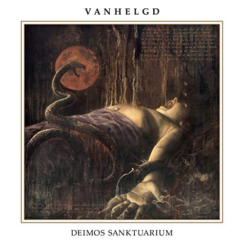Dark album cover with a reclining figure and a serpent before a red moon.