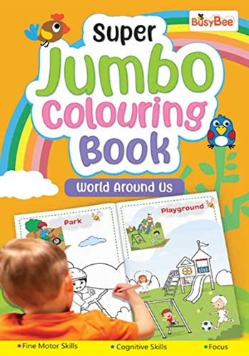 Child coloring in a large “Super Jumbo Colouring Book” with park and playground scenes.