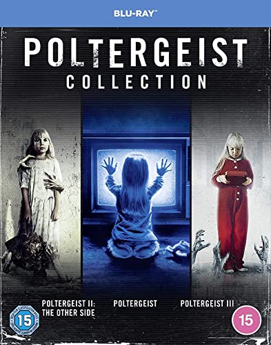 Blu-ray cover art for the Poltergeist trilogy featuring three panels of the horror films.