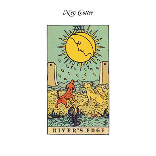 Tarot card illustration with dogs, sun, and water; "River's Edge" text.
