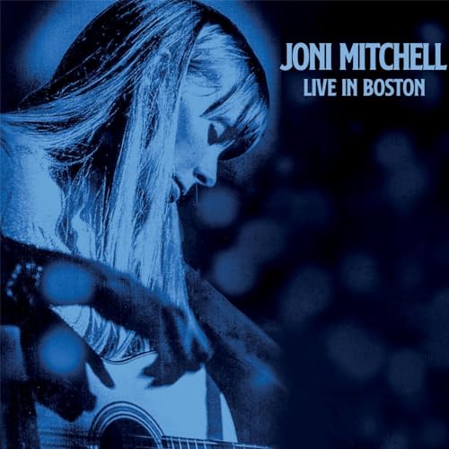 Joni Mitchell album cover, blue tones, portrait with guitar.