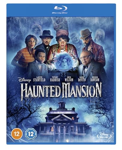 Blu-ray cover for "Haunted Mansion" featuring cast and spooky mansion image.