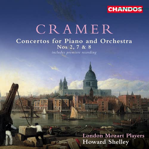 CD cover for Cramer piano concertos with a London cityscape background.