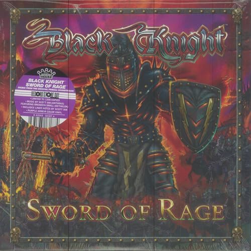 Vinyl record cover: armored knight with sword, fiery background, purple label.
