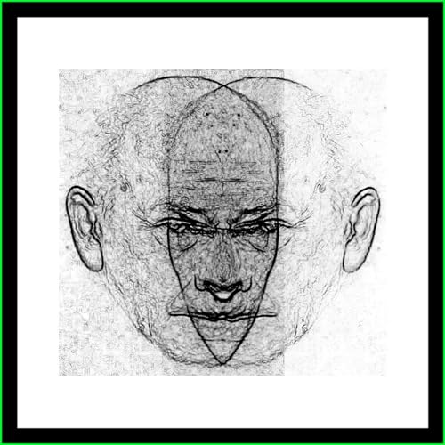 Sketch of a face with doubled features, symmetrical and intense.