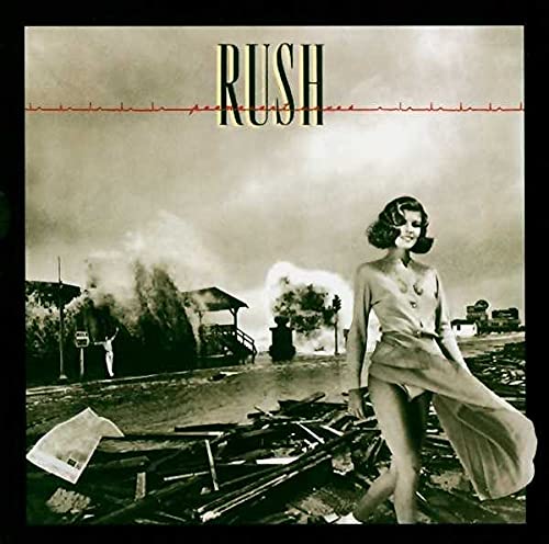 CD case with Rush album artwork and silver or black disc inside plastic sleeve.
