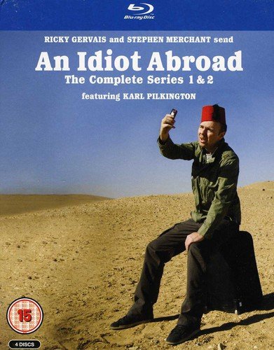 Blu-ray cover for "An Idiot Abroad" featuring Karl Pilkington in a desert.