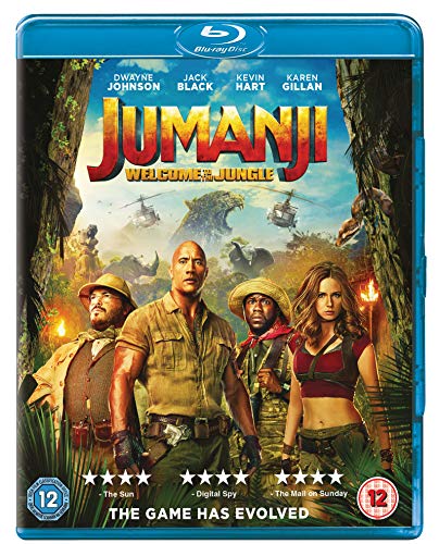 Jumanji: Welcome to the Jungle Blu-ray cover with cast and jungle scene.