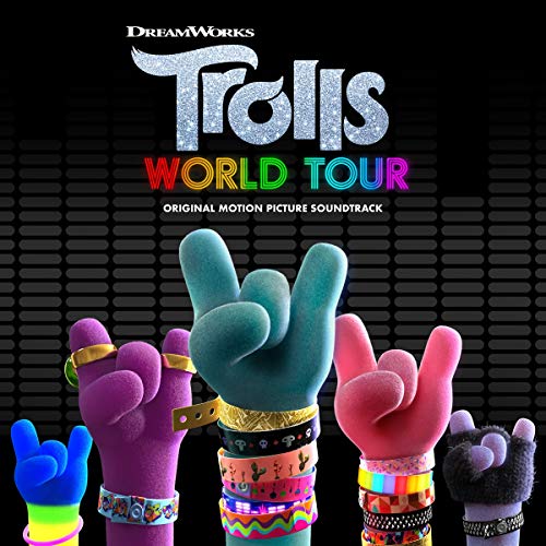 “Trolls World Tour” soundtrack album cover with colorful cartoon hands making rock signs.