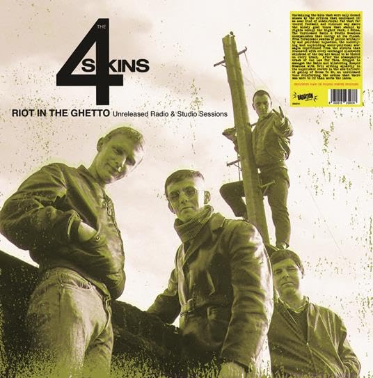 Album cover for 4 Skins’ “Riot In The Ghetto” featuring three men.