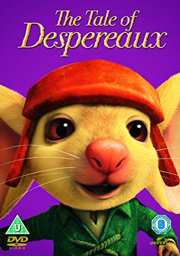 Animated mouse Despereaux wearing a red cap, DVD cover art.
