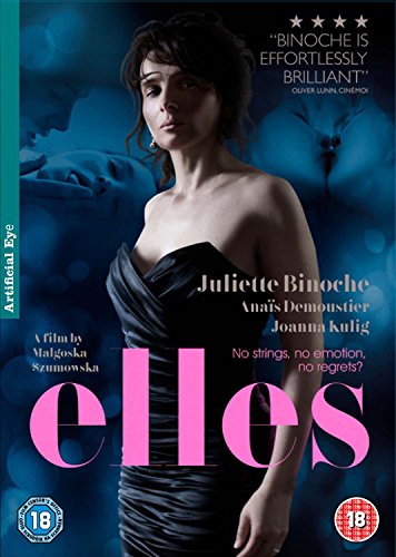 DVD cover for "Elles" featuring Juliette Binoche in a dark dress.
