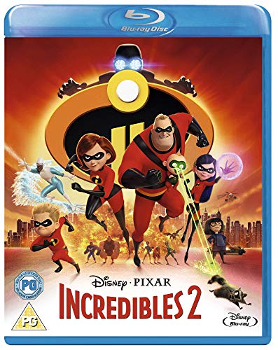 Incredibles 2 Blu-ray cover featuring the superhero family in action.