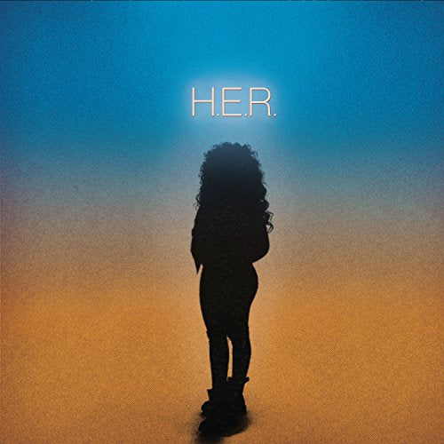 H.E.R. album cover: Silhouette of a woman with curly hair against a gradient background.