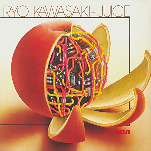 Album cover for Ryo Kawasaki’s “Juice” featuring a sliced orange with circuitry.