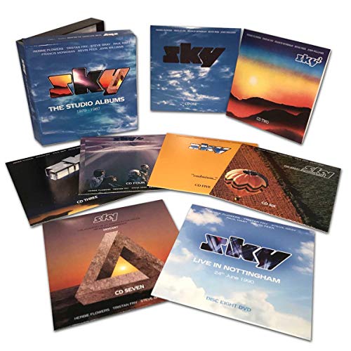 Six CD cases for the band Sky’s studio albums, 1979-1987.