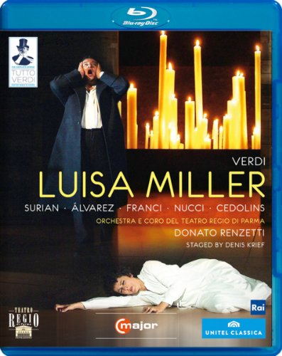 Blu-ray cover for "Luisa Miller" opera, featuring a distressed man and fallen woman.