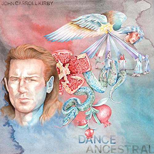 Album cover: watercolor painting with portraits, fruit, and fantastical creatures.