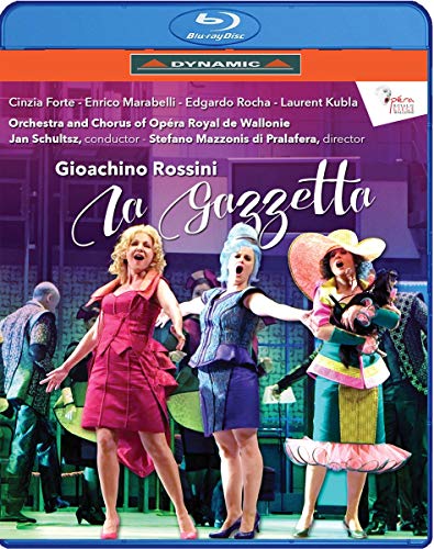 Blu-ray cover for Rossini’s *La Gazzetta* opera featuring three costumed singers.