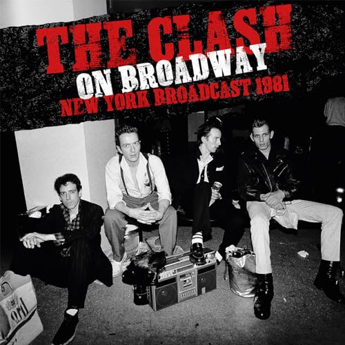 Black and white photo of The Clash band members with red text overlay.