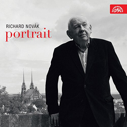 Black and white portrait of Richard Novák with a city skyline background.