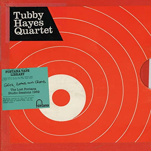 Red album cover with concentric circles, text "Tubby Hayes Quartet" and a turquoise sticker.