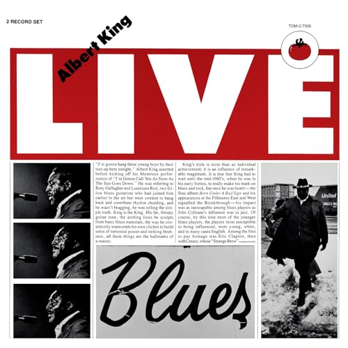 Album cover for Albert King’s “Live” with photos and red, white, black design.