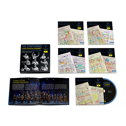Beethoven symphonies CD set with orchestra image and musical score designs.
