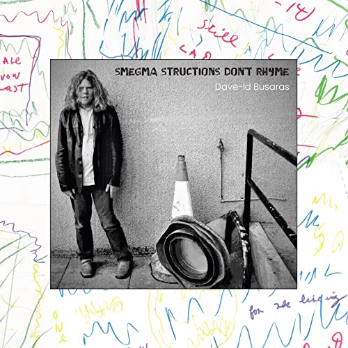 Vinyl album cover featuring a man and industrial objects, with colorful scribbles.