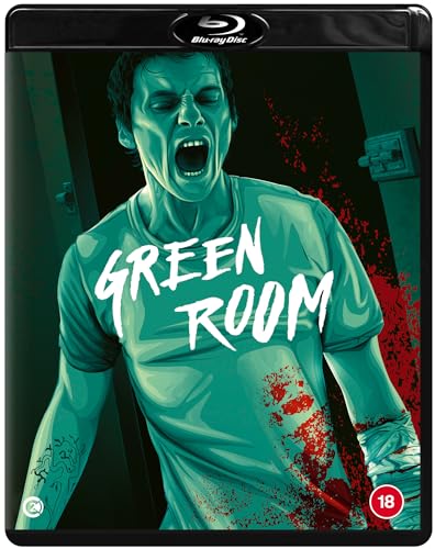 “Green Room” Blu-ray cover featuring a distressed man with blood splatter.