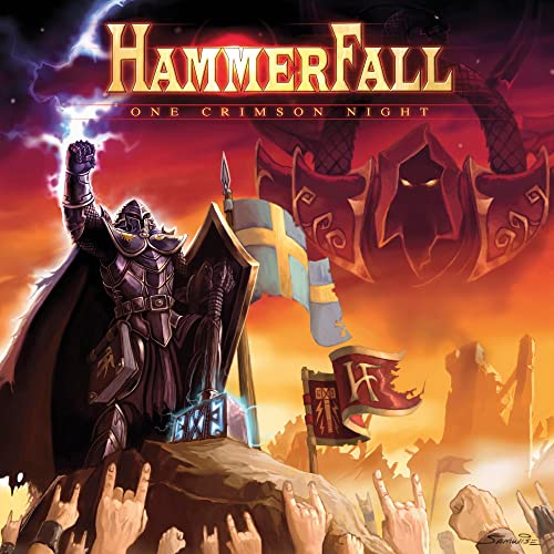 Hammerfall album cover: knight with sword, crowd, and fiery, dark background.