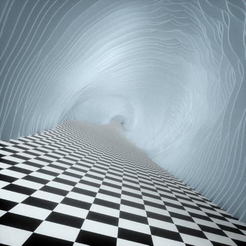 Black and white checkered floor receding into a swirling, light tunnel.