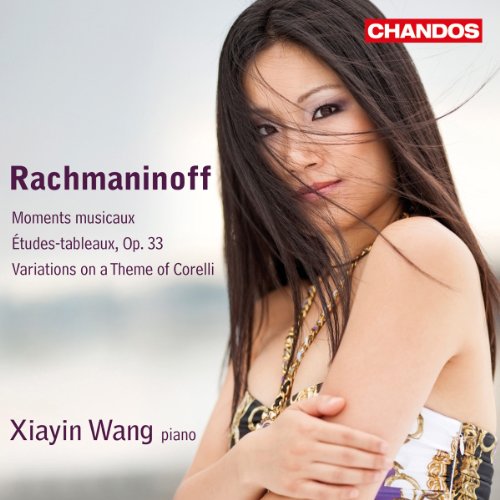 CD cover featuring pianist Xiayin Wang and text “Rachmaninoff Moments Musicaux”.