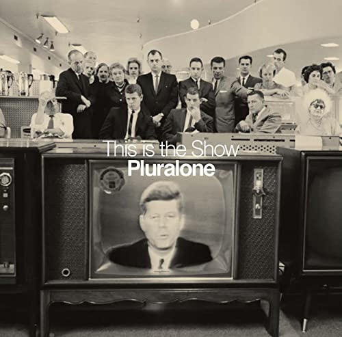 Black and white album cover featuring vintage televisions and people.