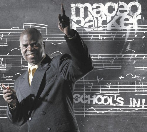 CD cover featuring Maco Parker in a suit with musical notation background.