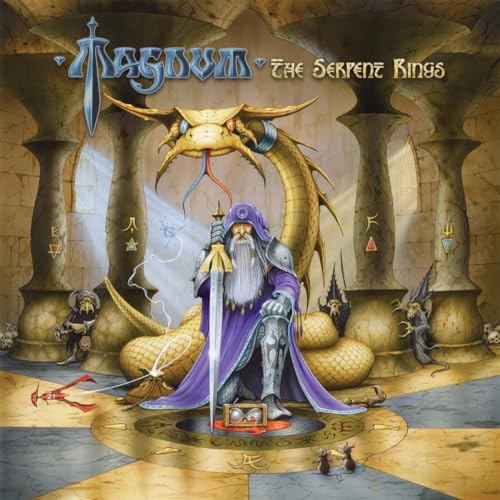 A wizard in purple robes kneels before a large golden serpent in a stone chamber.